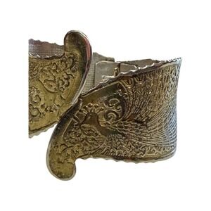 Womens Two Tone Peacock Embossed Hinged Bypass Cuff Bracelet Statement
